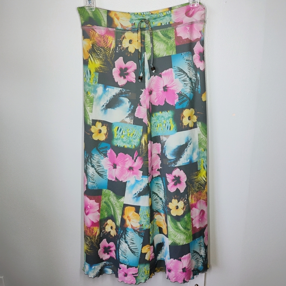 Mora Surf Midi Skirt Womens Large Multicolor Hibiscus‎ Flowers Beachy Tropical